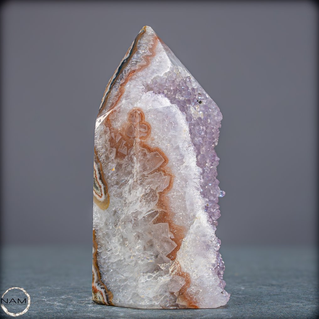 自然的、稀有的紫水晶玛瑙方尖碑 迷人的水晶晶洞与带纹玛瑙的结合- 571.05 g #2.1