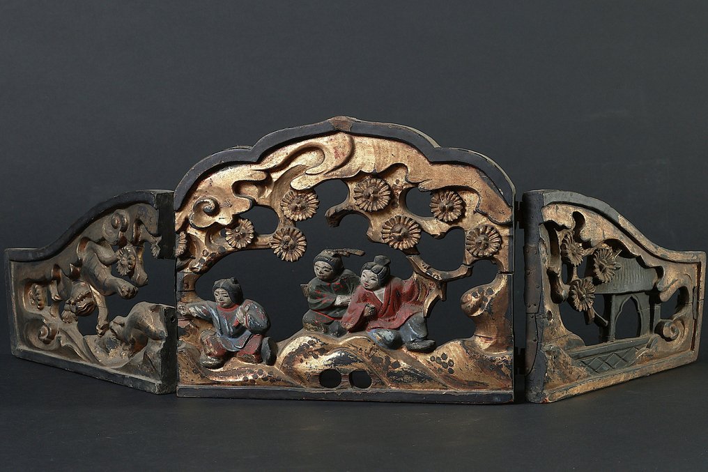 Taittuva sermi - Tiikerit, kiinalaiset hahmot ja paviljonki - Japani - Edo Period (1600-1868) #1.0