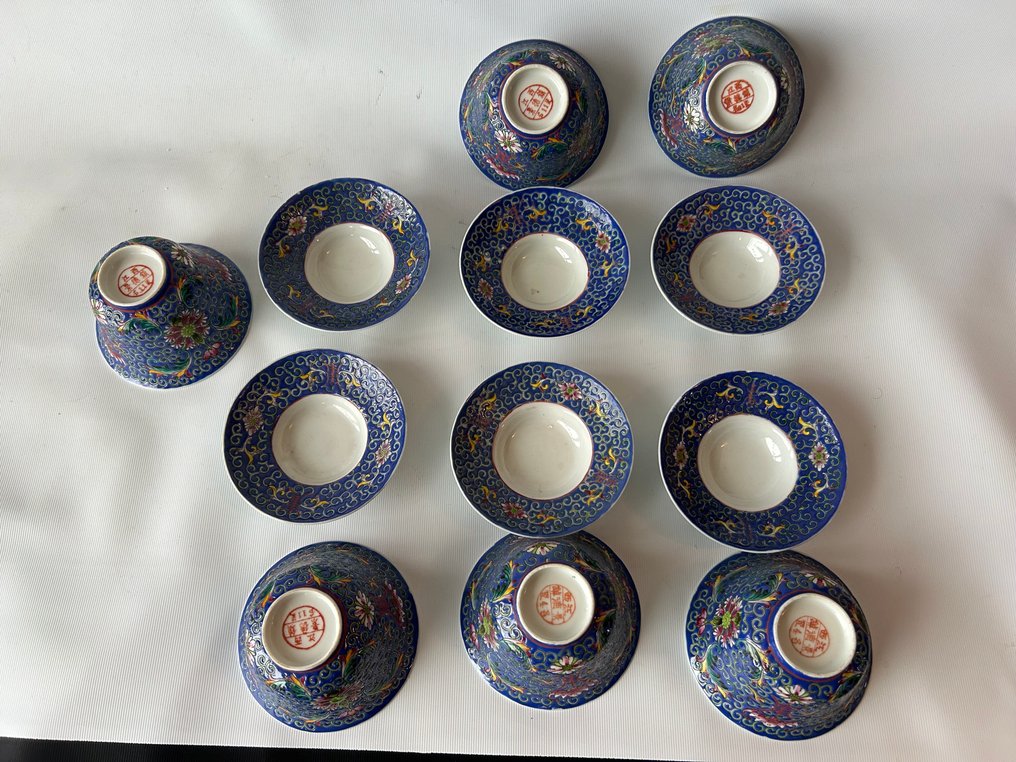 Blauw met roze kop en schotels - Cup and saucer (6) - Kop en schotels - Bone china - 6 cups and saucers #2.1