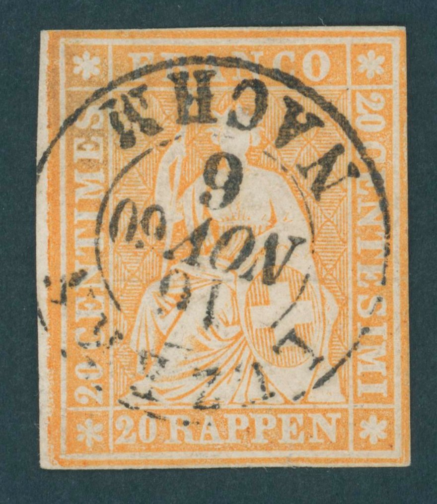 Schweiz 1857 - Schweiz 1855 - Bogenrandmarke - 20 Rp gelborange vom linken Bogenrand !!! voll- bis sehr breitrandig ZuSt. 25 Gb Befund Rellstab #1.0