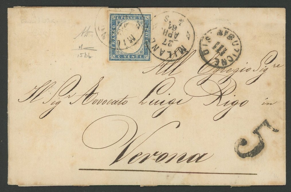 意大利古城邦-撒丁岛 1859/1862 - 五封已邮资的信件,邮资为20分,第四版多色发行 - 曼佐尼 - Sassone n.15B, 15C, 15D, 15Da, 15Db #4.3