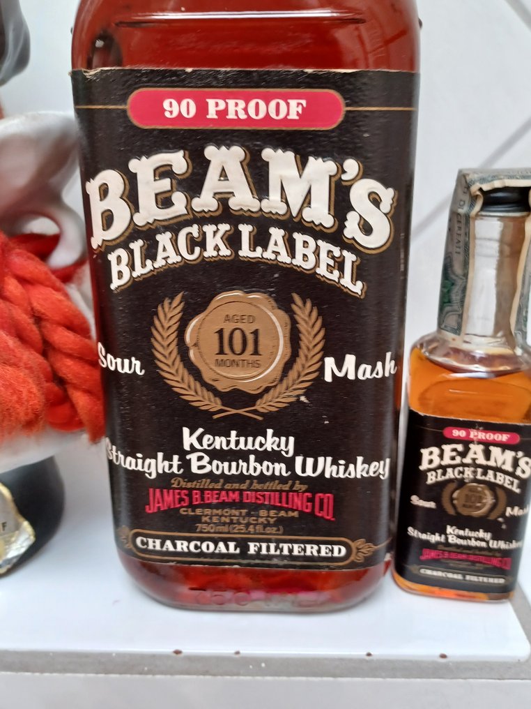 Jim Beam - 100 Months Old Dog Decanter & 101 Months old Black Barrel - b. 1970s, 1980s - 750ml, 5cl - 3 bottles #1.0