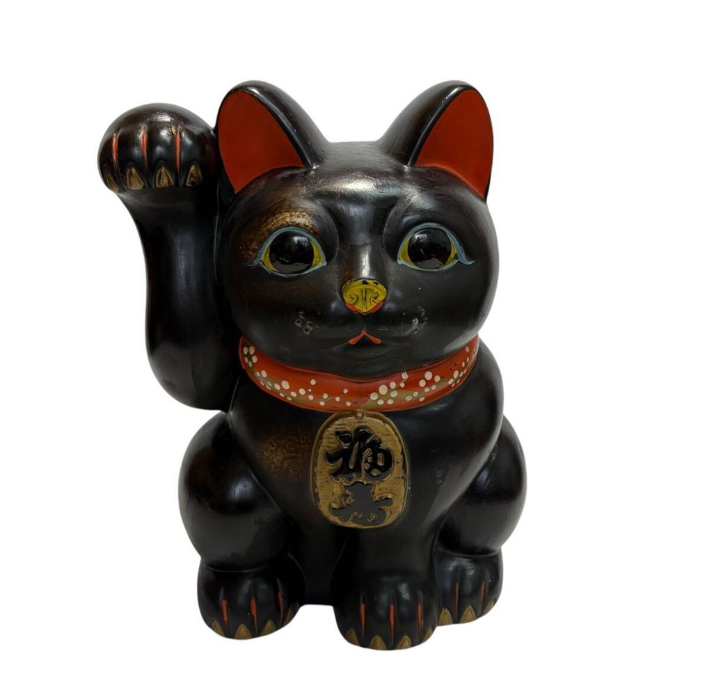 Αγαλματίδιο - Large Vintage Black Maneki-neko (Right Paw Raised) – Ceramic Money Box / Approx. 34 cm – Mid-Showa - Κεραμικό #1.0