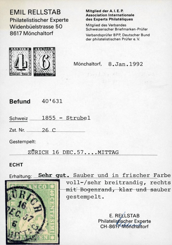 Schweiz 1855 - Schweiz 1855 - Bogenrandmarke - 40 Rp grün vom rechten Bogenrand !!! voll- bis sehr breitrandig ZuSt. 26 C Befund Rellstab #2.1
