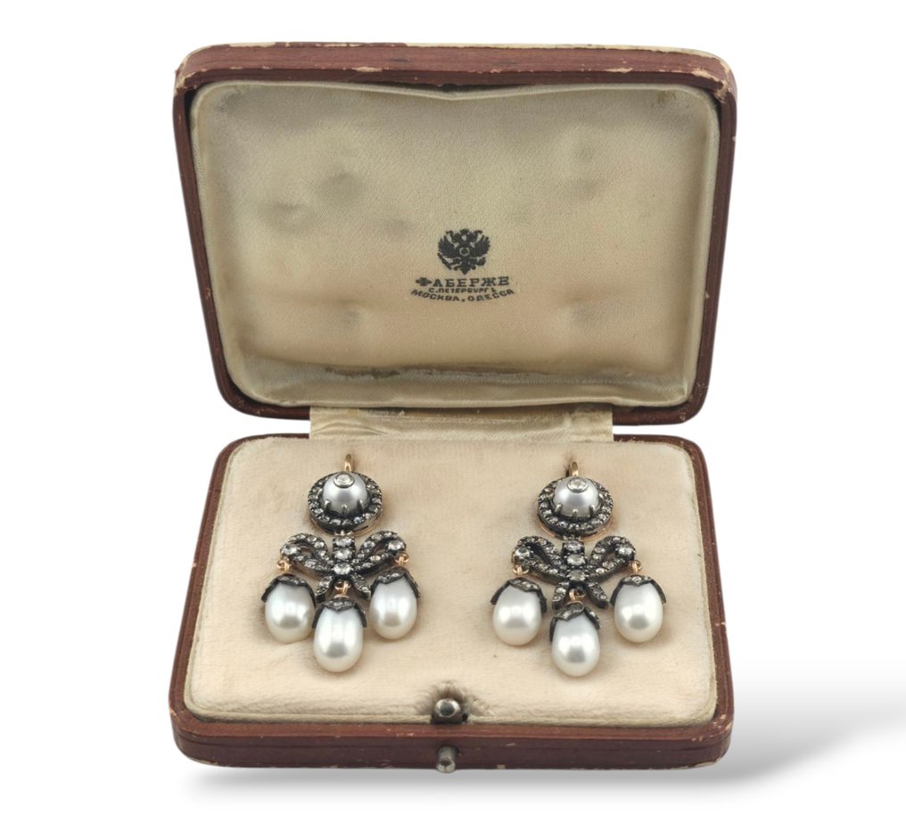 Fabergé - Boucles d'oreilles - 14 carats Or jaune, Paire de boucles d'oreilles en perles naturelles et diamants, fin du XIXe siècle #2.1