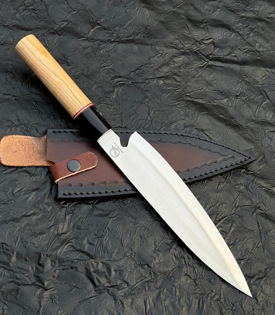 厨刀 -  厨房刀具 - 手工刀 - 不锈钢12c27厨师刀，水牛角配ASH木 - 木头 - 亚洲 #4.3