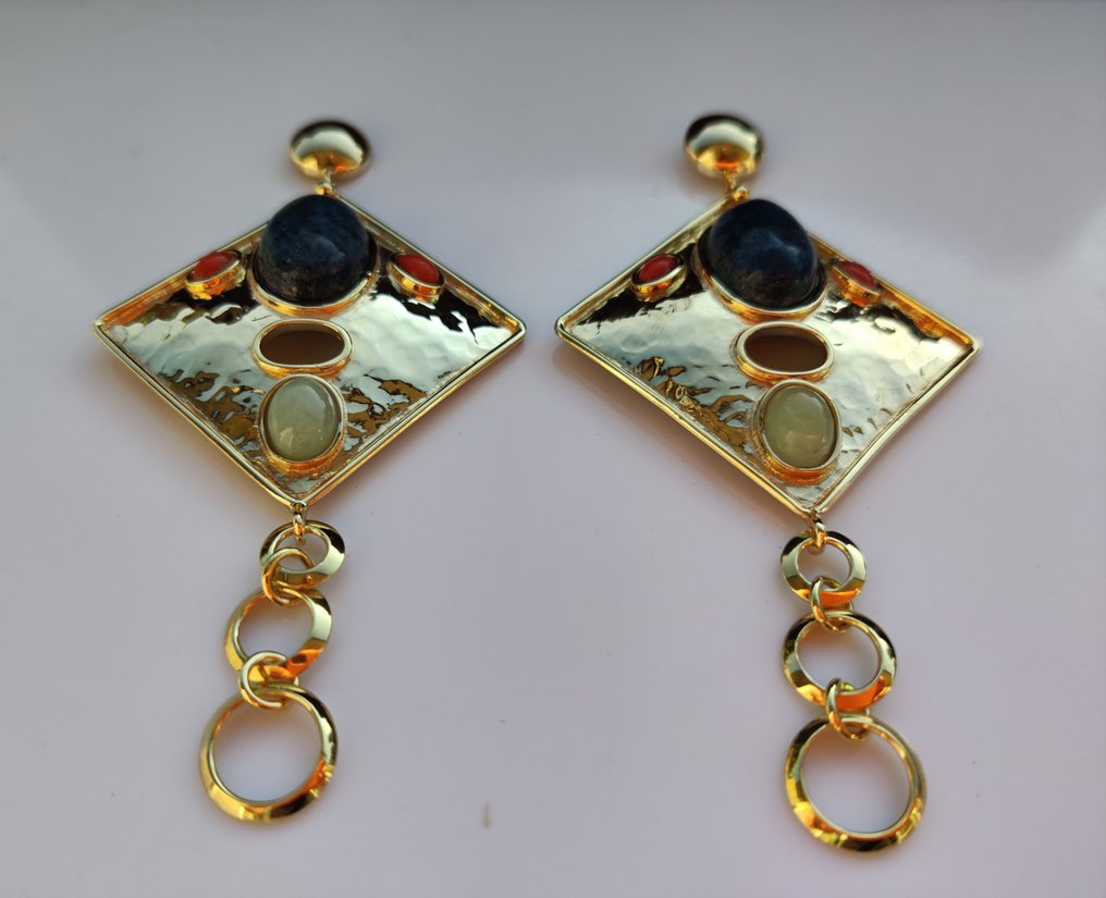 Nincs minimálár - Drop fülbevaló Ezüst -  30.00ct. tw. Korall - Lapis lazuli - Ethnos Design #1.0