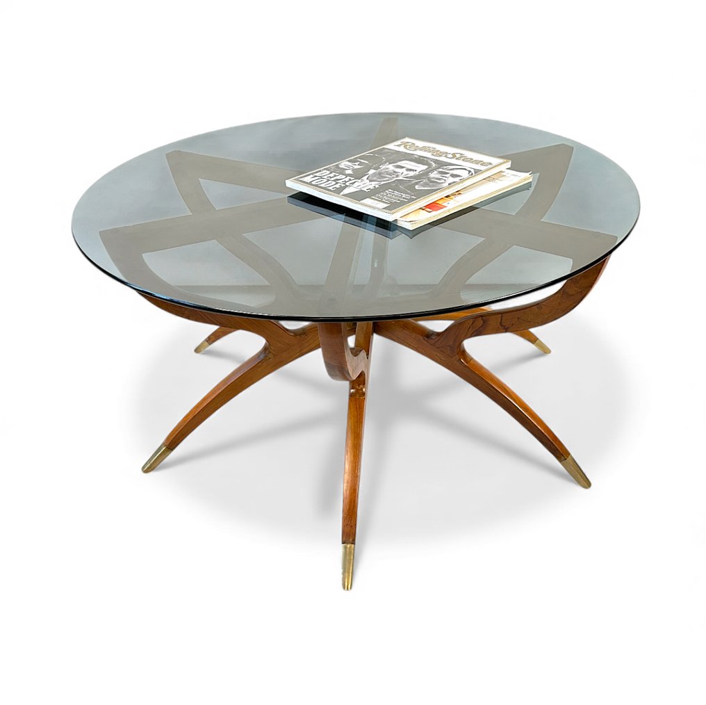 中心桌 - 红木, 彩色玻璃, 黄铜 - Spiderleg 可折叠的茶几 #3.2