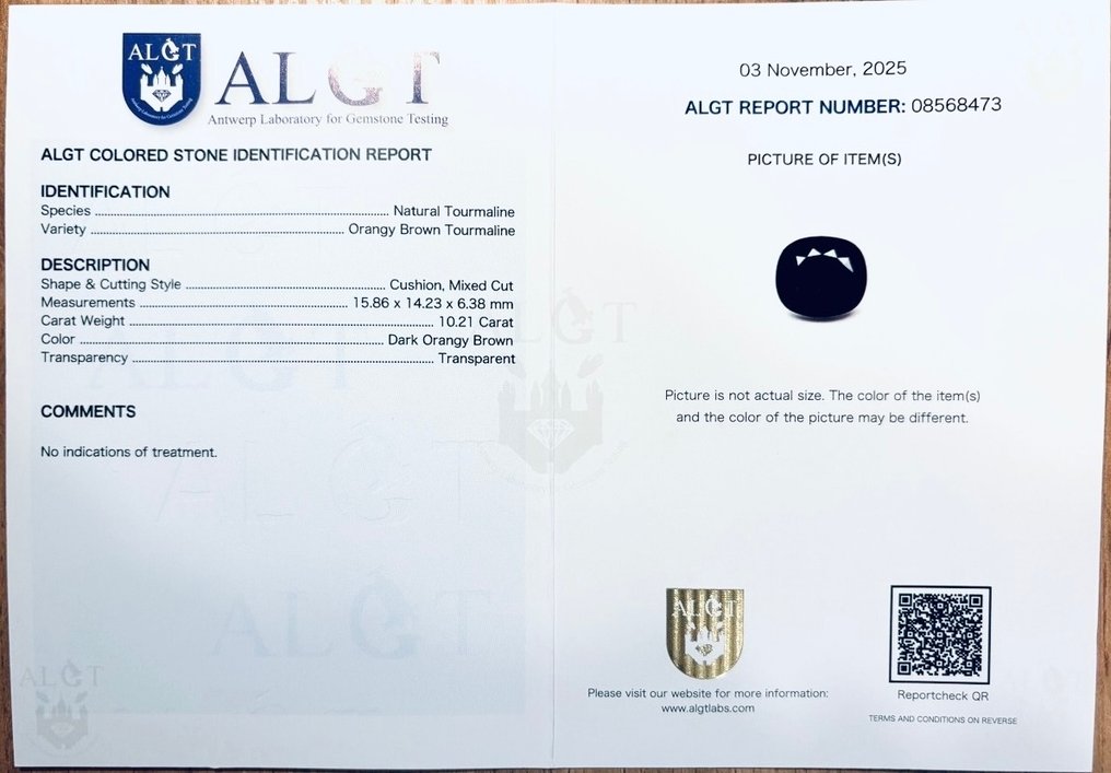 1 pcs  Marrone, Arancione Tormalina  - 10.21 ct - Antwerp Laboratory for Gemstone Testing (ALGT) #3.2