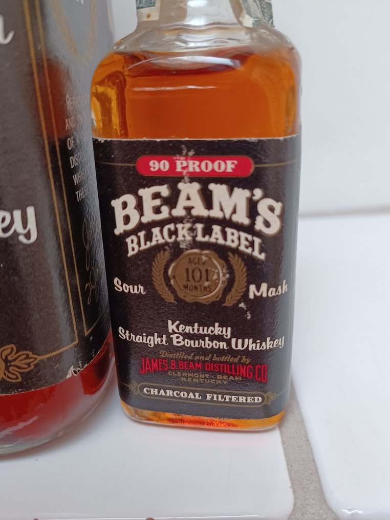 Jim Beam - 100 Months Old Dog Decanter & 101 Months old Black Barrel - b. 1970s, 1980s - 750ml, 5cl - 3 bottles #2.1