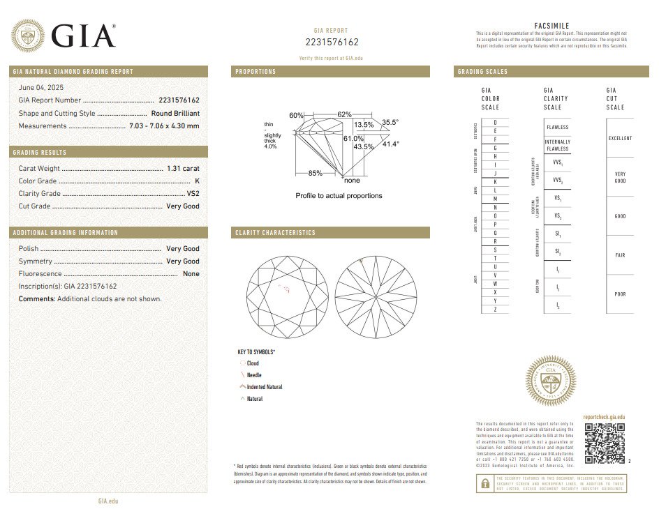 订婚戒指 - 14K包金 白金 -  1.31ct. tw. 钻石 (天然) - K/VS2 #2.1