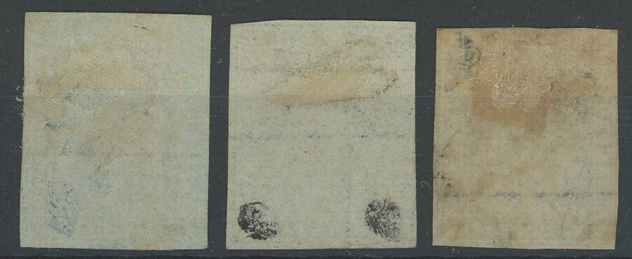 Αρχαία ιταλικά κράτη -  Τοσκάνη 1851 - Μαρτσόκο, Λέον Mediceo και κορώνα, τρία γραμματόσημα των 2 Crazie που χρησιμοποιήθηκαν σε - Sassone n.5, 5e, 5f #1.0