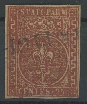 意大利古城邦-帕尔马 1853 - Giglio borbonico 由杜克皇冠覆盖,25 分币,棕红色,第二次发行,二手。 - Sassone n.8 #1.0