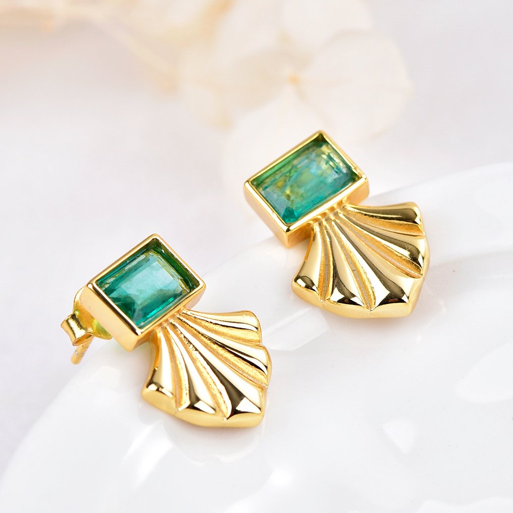 Sans Prix de Réserve - Boucles d'oreilles Argent - Emerald - Certifié #4.3