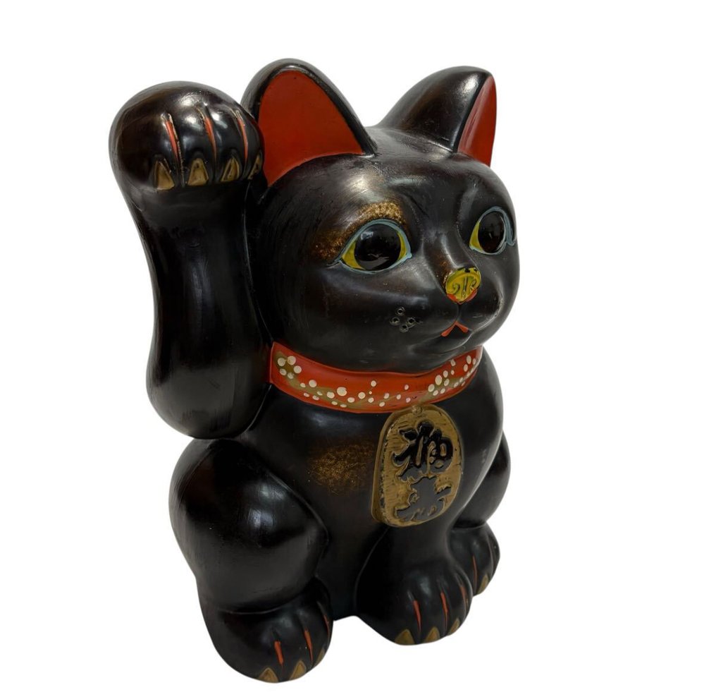Αγαλματίδιο - Large Vintage Black Maneki-neko (Right Paw Raised) – Ceramic Money Box / Approx. 34 cm – Mid-Showa - Κεραμικό #1.0