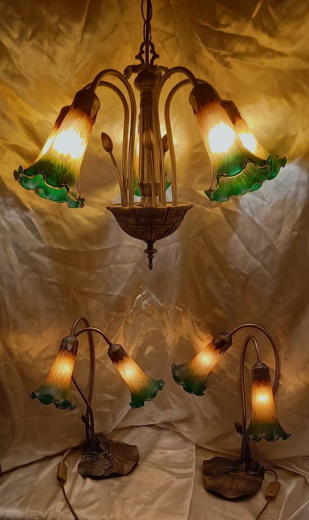 tiffany style - Pendant ceiling lamp (3) - Metal, Glass - Set tiffany style lamps #1.0