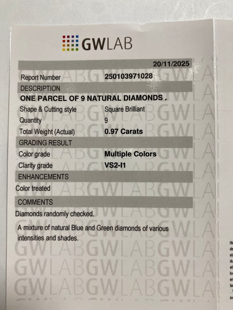 χωρίς τιμή ασφαλείας - 9 pcs Διαμάντι  (Επεξεργασμένου χρώματος)  - 0.97 ct - Τετράγωνο - VS2, I1 - Gemewizard Gemological Laboratory (GWLab) #3.2