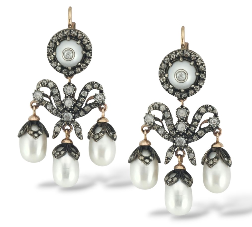 Fabergé - Boucles d'oreilles - 14 carats Or jaune, Paire de boucles d'oreilles en perles naturelles et diamants, fin du XIXe siècle #4.3