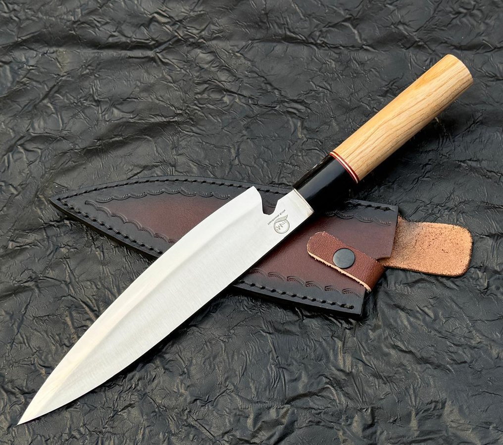 厨刀 -  厨房刀具 - 手工刀 - 不锈钢12c27厨师刀，水牛角配ASH木 - 木头 - 亚洲 #3.2