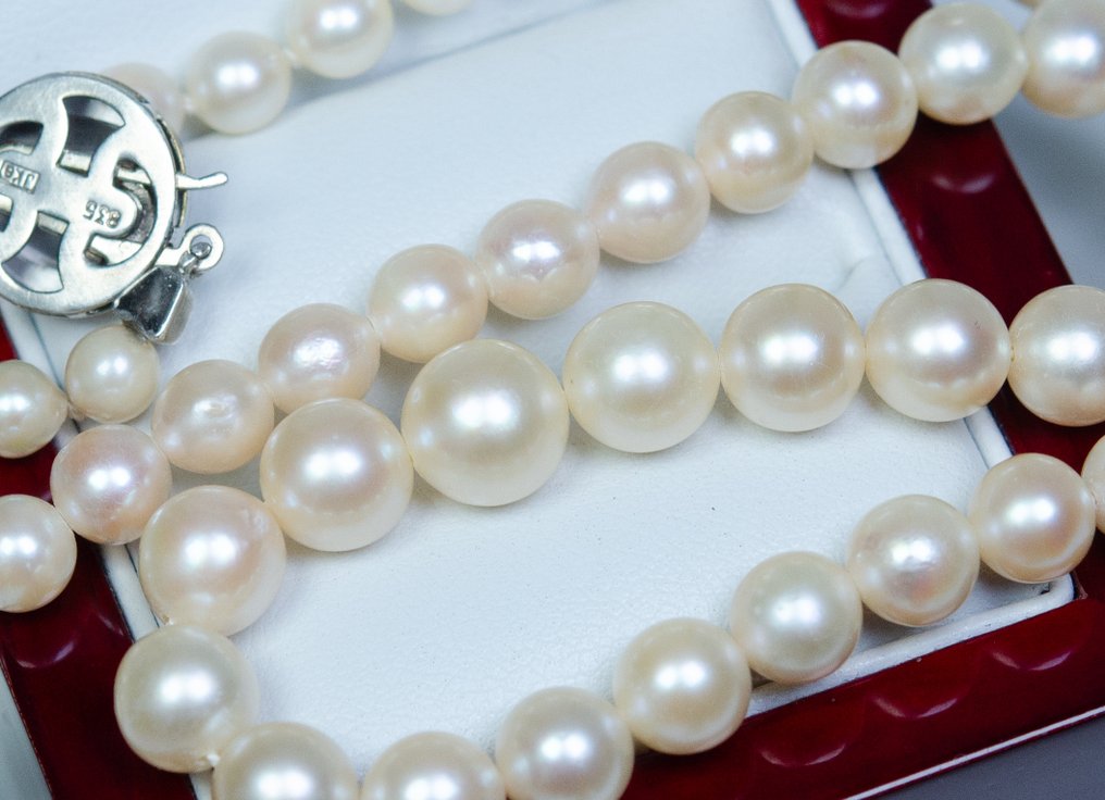 Zonder Minimumprijs - Halsketting - 835 zilver - Ø 5 tot 8,5 mm Akoya parels - 0,15 ct Smaragd #4.3