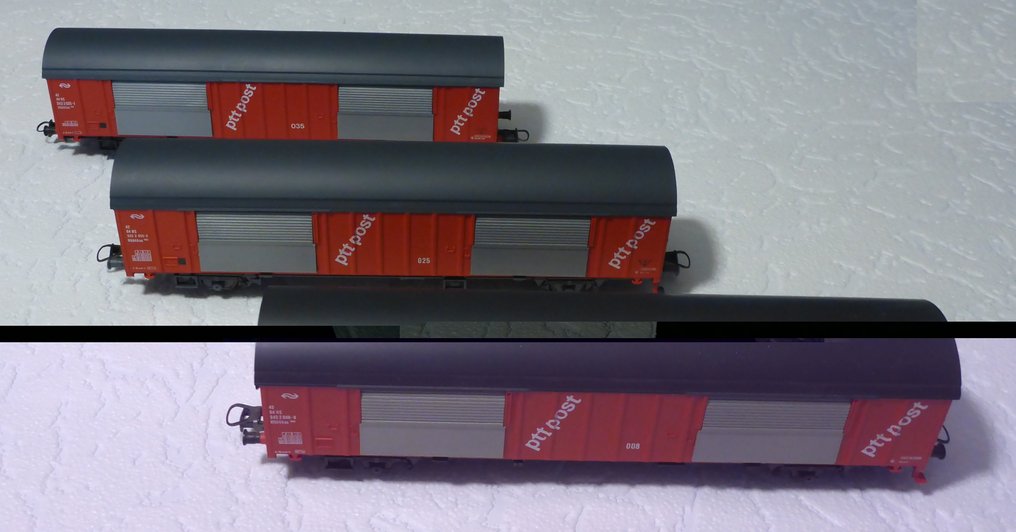 Roco H0 - 4387A, 46275 - Model train wagon (3) - Three PTT mail trucks with unique numbers. - NS #1.0