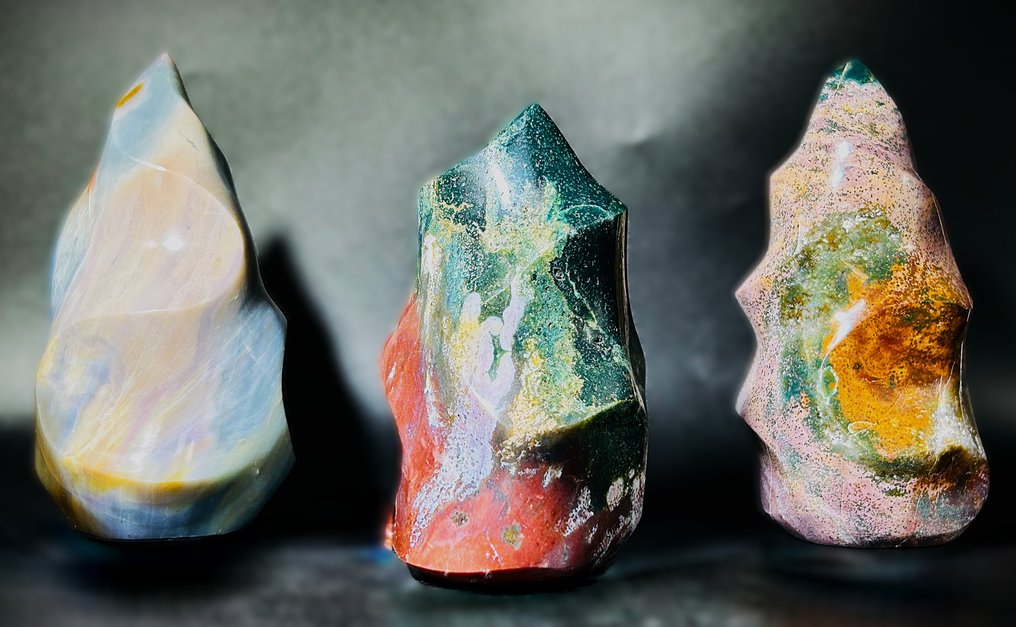 ***NO RESERVE*** Ocean Jasper Crystal Flames – Calming Multicolor Trio for Energy & Décor - Height: 0 mm - Width: 0 mm- 2128 g - (1) #1.0