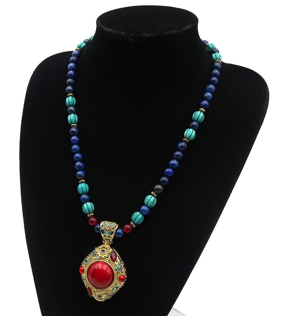 青金石 - 白云母绿松石 - 佛教冥想项链 - 驱除负能量 - 14K GF黄金扣 - 吊坠项链 #2.1