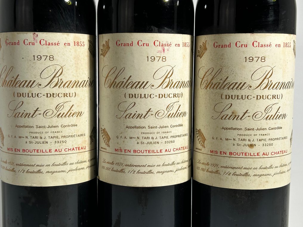 1978 Château Branaire-Ducru (Duluc-Ducru) - Saint-Julien 4ème Grand Cru Classé - 3 Flasker (0,75 L) #1.0