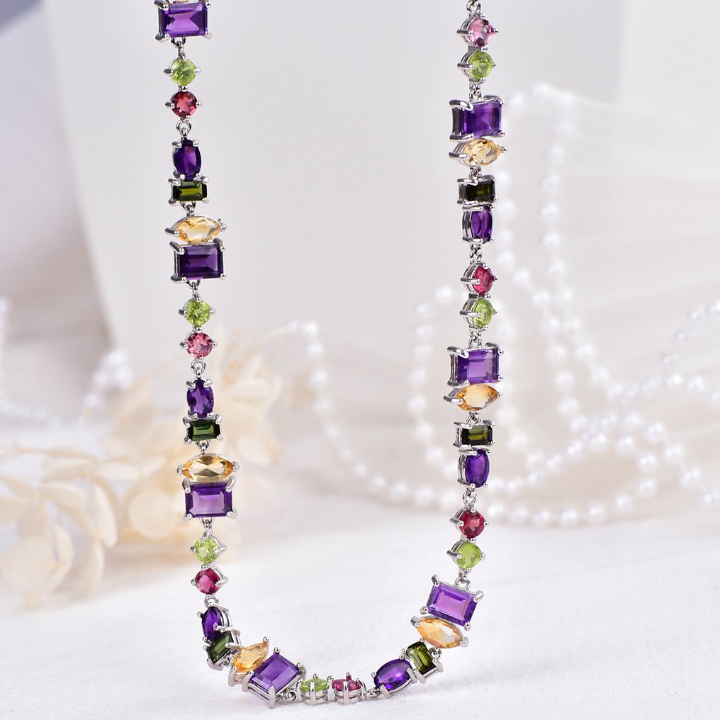 Zonder Minimumprijs - Halsketting Zilver - Gemengde edelstenen - Gecertificeerd #1.0