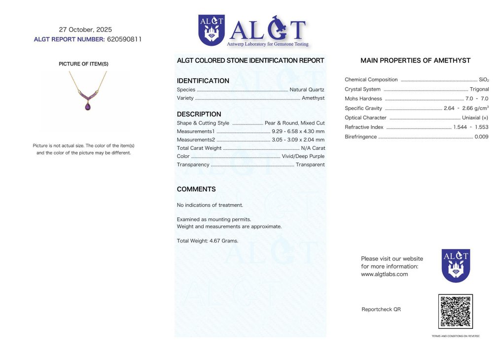 Zonder Minimumprijs - Halsketting Zilver - Amethyst - Certified #2.1