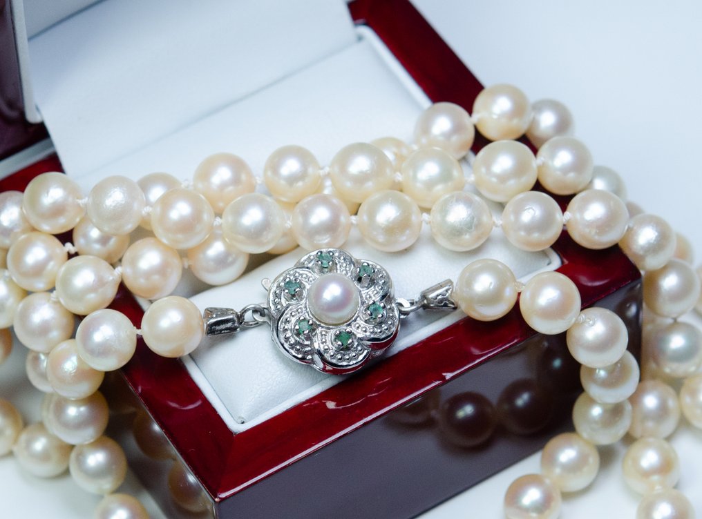Nincs minimálár - Nyaklánc - 835 ezüst - Ø 7-7,5 mm Akoya gyöngyök - 0,15 ct Smaragdok - 93 cm #2.1