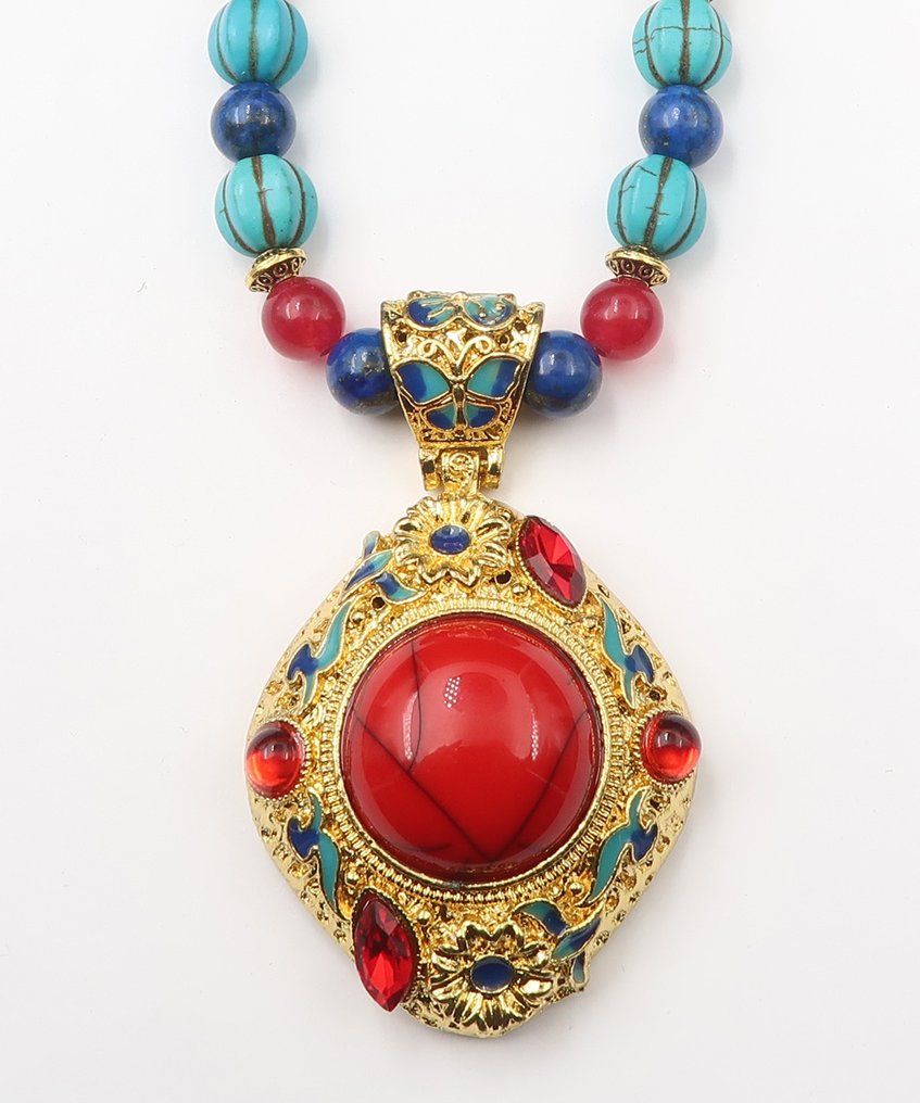 青金石 - 白云母绿松石 - 佛教冥想项链 - 驱除负能量 - 14K GF黄金扣 - 吊坠项链 #3.2