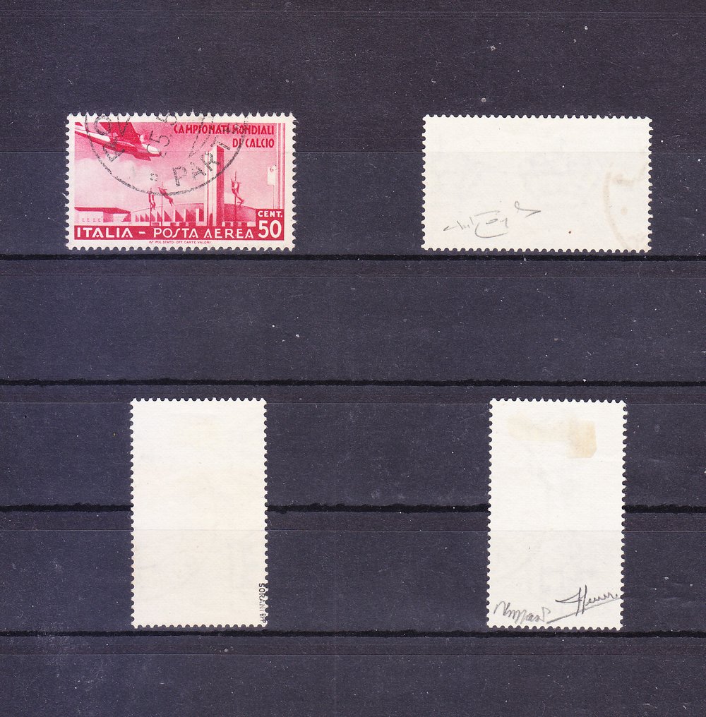 Ιταλία Βασίλειο 1934 - Regno Usato: Παγκόσμιοι Πόλεμοι Ποδοσφαίρου - Αεροπορική αλληλογραφία - υπογραφές Raybaudi, Sorani - Sassone: nn. A69-70-71-72 #1.0