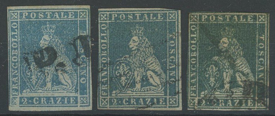 Αρχαία ιταλικά κράτη -  Τοσκάνη 1851 - Μαρτσόκο, Λέον Mediceo και κορώνα, τρία γραμματόσημα των 2 Crazie που χρησιμοποιήθηκαν σε - Sassone n.5, 5e, 5f #1.0