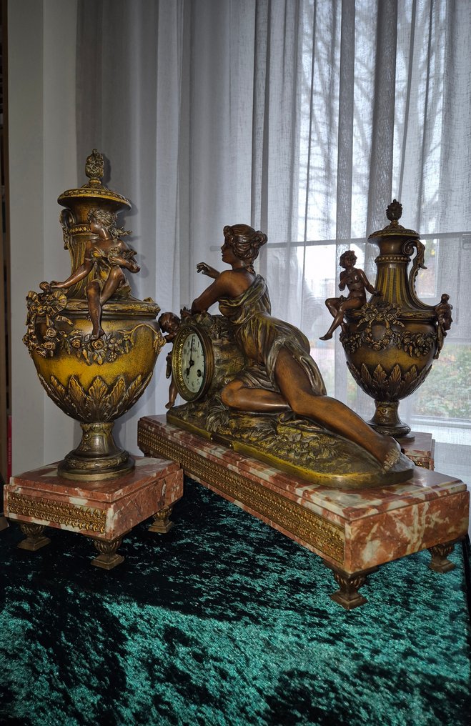 时钟与装饰套装  (3) -  古董 大理石, 粗锌 - 1900-1910 #1.0