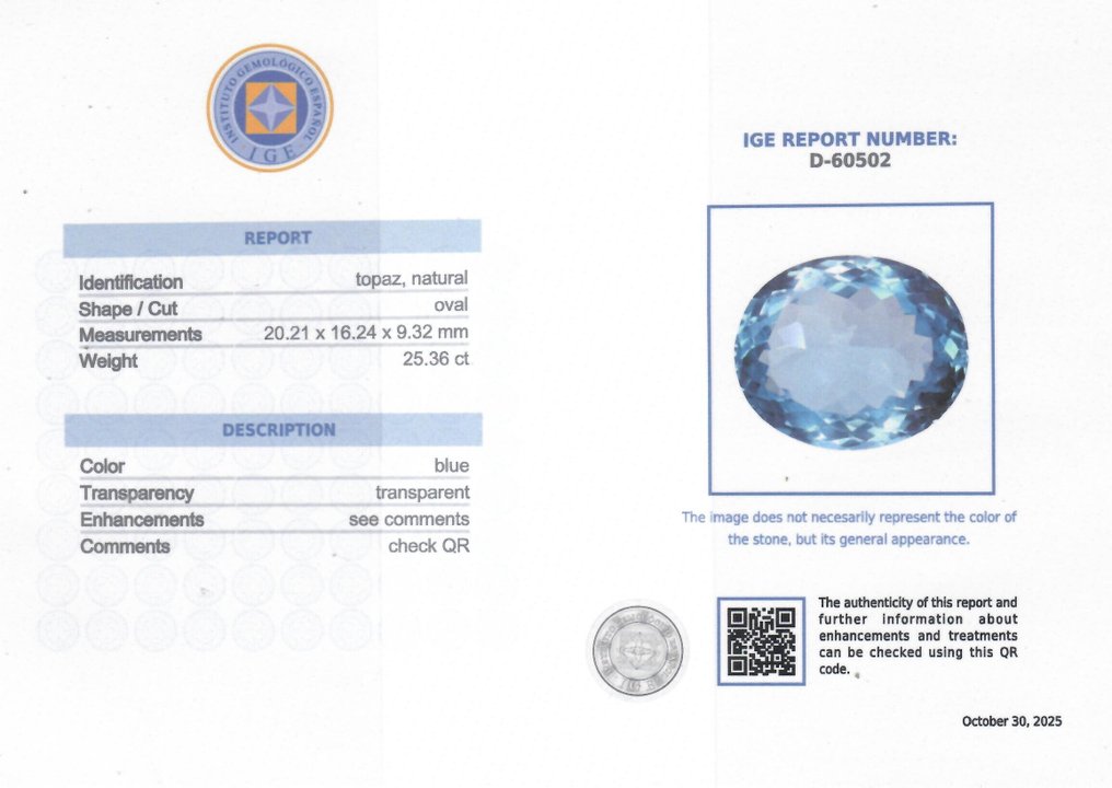 1 pcs  蓝色 黄宝石  - 25.36 ct - 西班牙宝石学院（IGE） #2.1