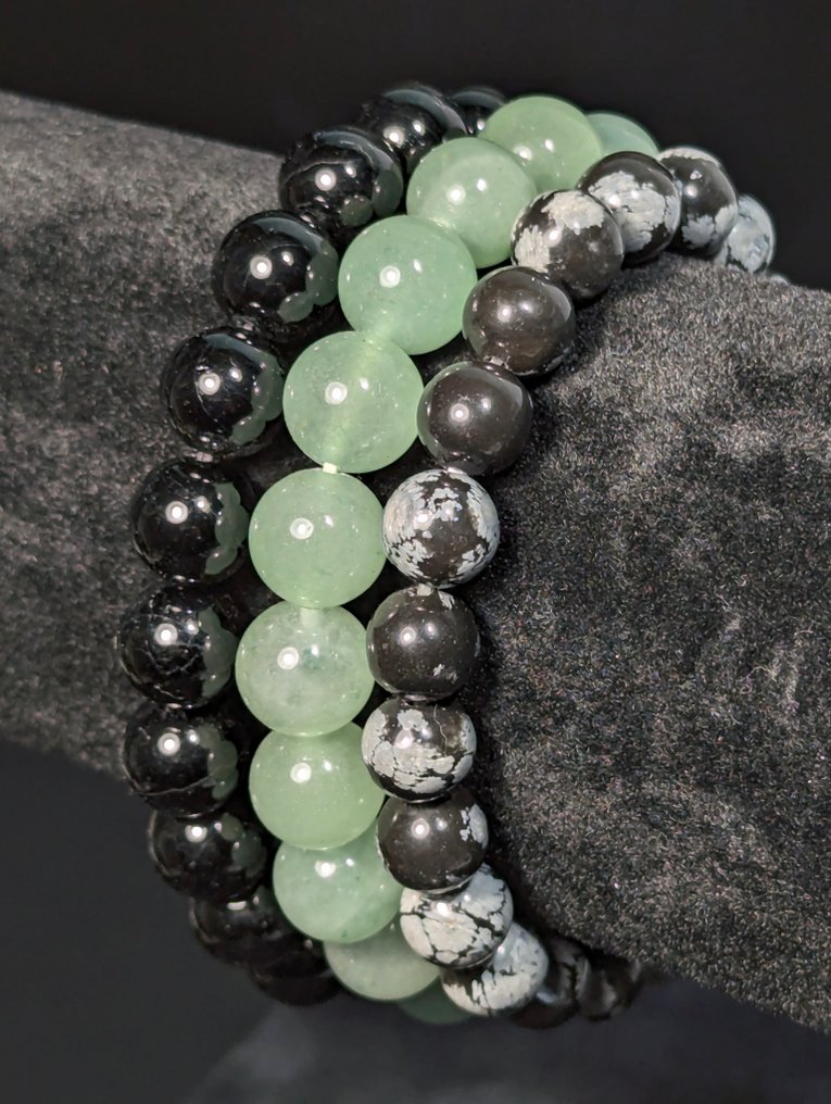3 braccialetti a sfera di Obsidian Snowflake, Tourmaline Nera e Aventurina, bellissimi. Sfera - Altezza: 10 mm - Larghezza: 8 mm- 81 g - (3) #4.3
