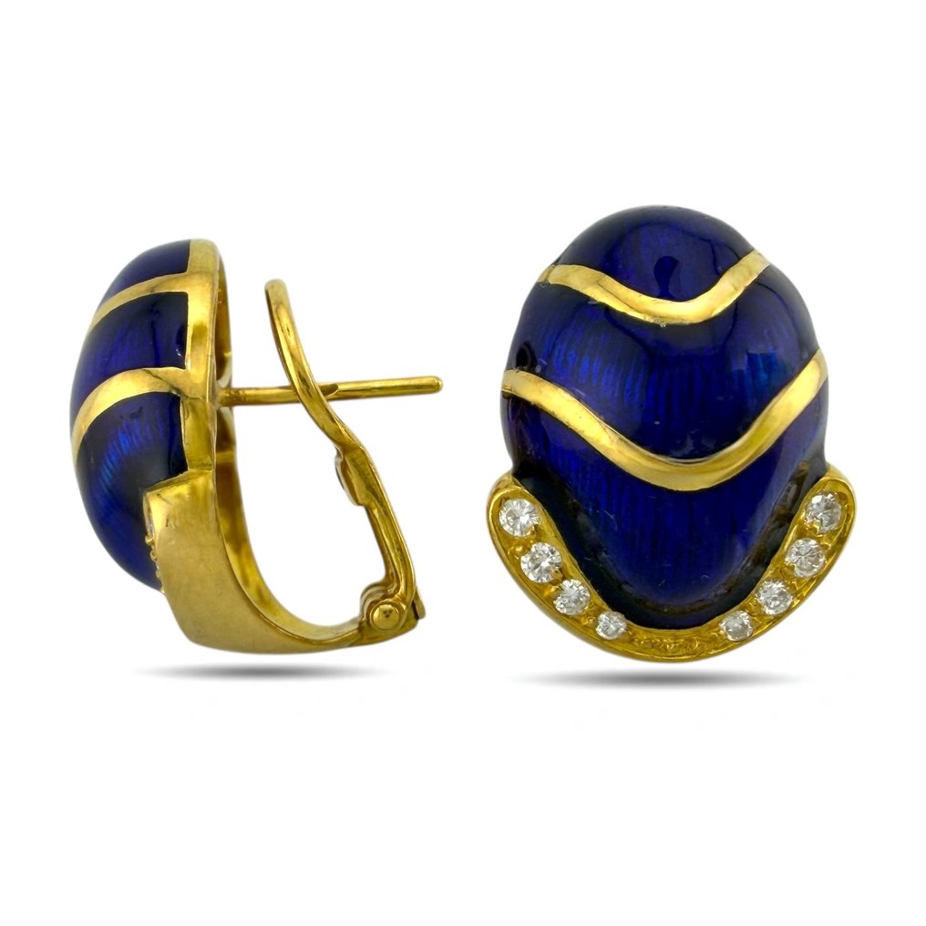 耳环 - 14K包金 黄金, 独家14K黄金蓝色珐琅与0.24克拉钻石耳环 -  0.24ct. tw. 钻石 (天然)  #4.3