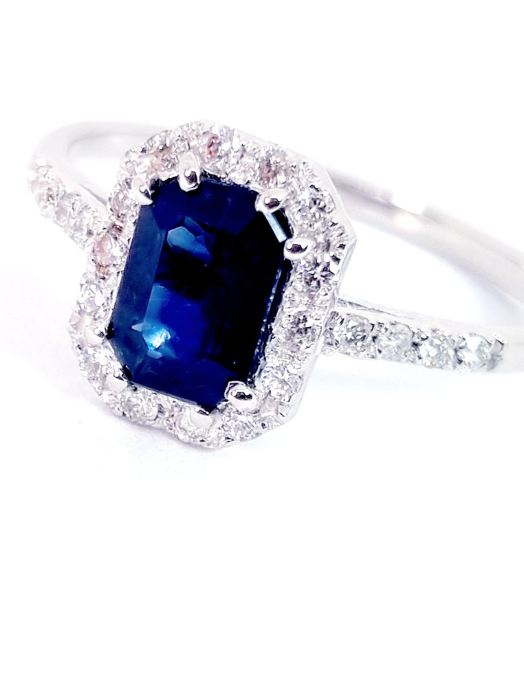 戒指 - 18K包金 白金 蓝宝石 - 钻石 #1.0