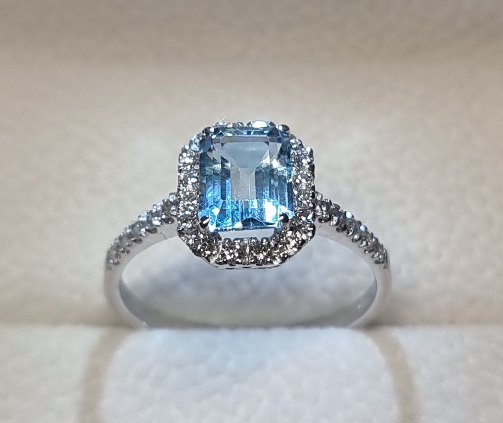 戒指 - 18K包金 白金 -  2.10ct. tw. 海蓝宝石 - 钻石 #3.2