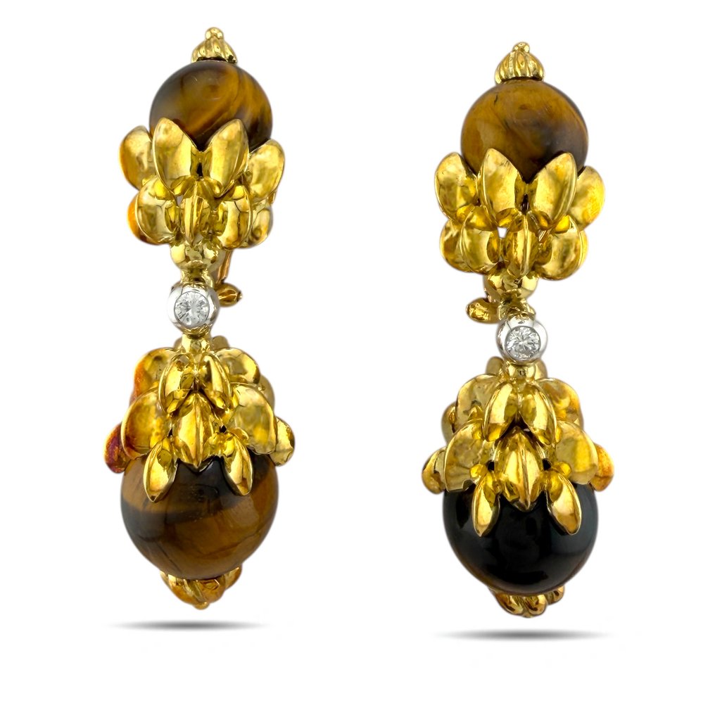 Σκουλαρίκια - 14 καράτια Κίτρινο χρυσό, Αποκλειστικά σκουλαρίκια από 14Κ κίτρινο χρυσό με ξυλόγλυπτο ξύλο και διαμάντια 0,28 καρατίων. -  0.28ct. tw. Διαμάντι (Φυσικό)  #1.0