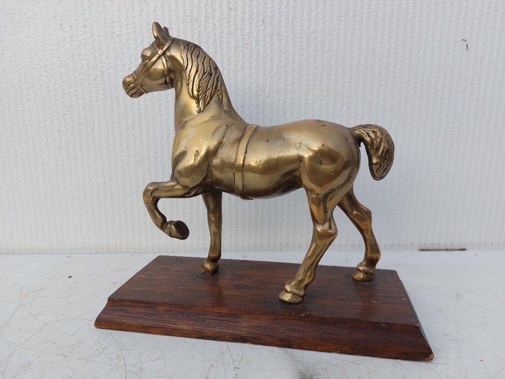 塑像, paard op blok - 20 cm - 黄铜, 木 #1.0