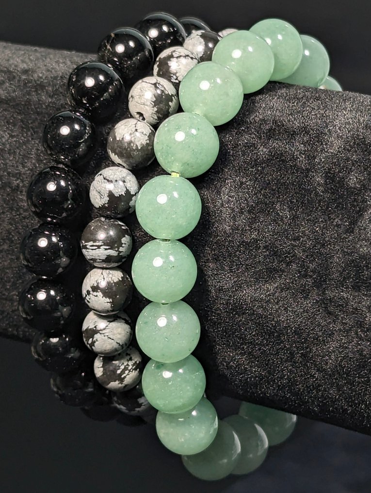 3 braccialetti a sfera di Obsidian Snowflake, Tourmaline Nera e Aventurina, bellissimi. Sfera - Altezza: 10 mm - Larghezza: 8 mm- 82 g - (3) #1.0