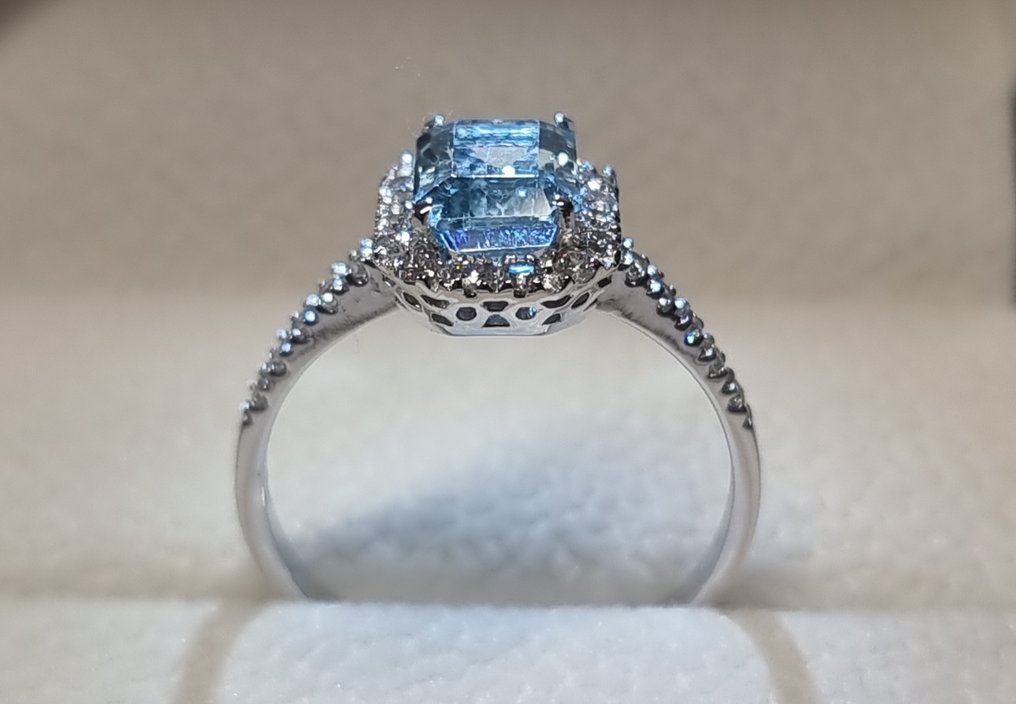 戒指 - 18K包金 白金 -  2.10ct. tw. 海蓝宝石 - 钻石 #1.0