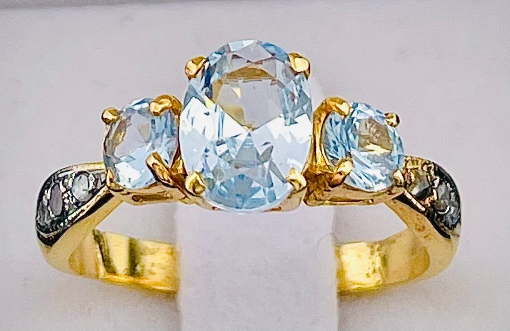 没有保留价 - 戒指 - 9 kt. 黄金, 银 海蓝宝石 - 钻石 #1.0