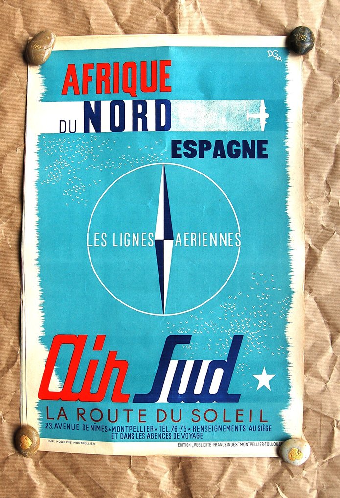 DG - Affiche ancienne originale Compagnie Aérienne Air Sud Signée DG 1948 - Avion aviation - 1940s #4.3