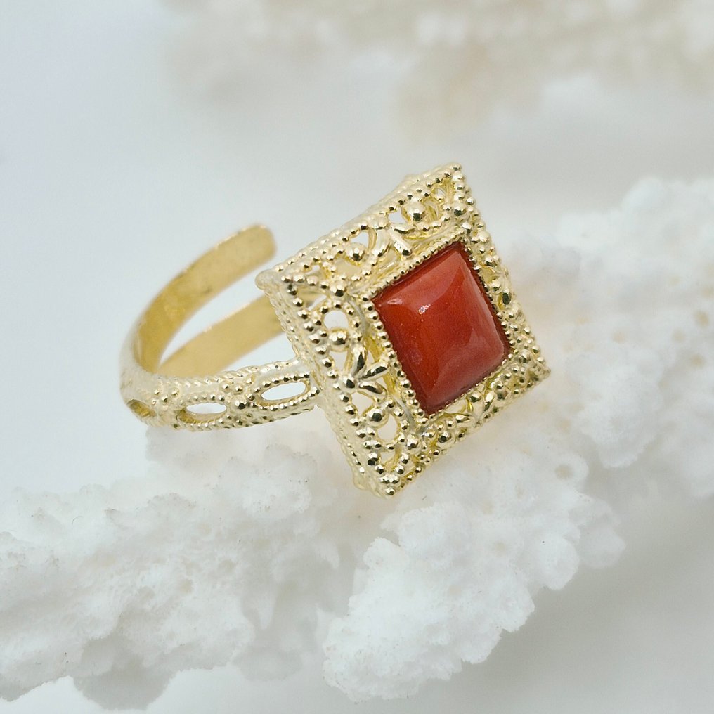 Κοράλλι αίματος - Ασημί, Gold-plated - Δαχτυλίδι - CORALLO MEDITERRANEO #1.0