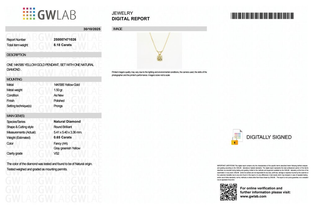 沒有保留價 - 吊墜頸鏈 - 14 克拉 黃金 -  0.65ct. tw. 鉆石 (天然彩色) - GW实验室 #2.1
