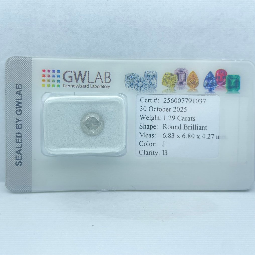 No Reserve Price - 1 pcs Diamond  (Natural)  - 1.29 ct - Round - J - I3 - Gemewizard Gemological Laboratory (GWLab) #3.2