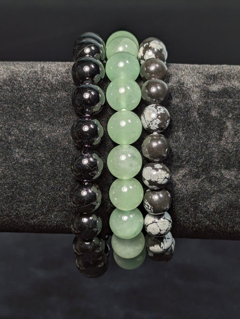 3 braccialetti a sfera di Obsidian Snowflake, Tourmaline Nera e Aventurina, bellissimi. Sfera - Altezza: 10 mm - Larghezza: 8 mm- 81 g - (3) #1.0